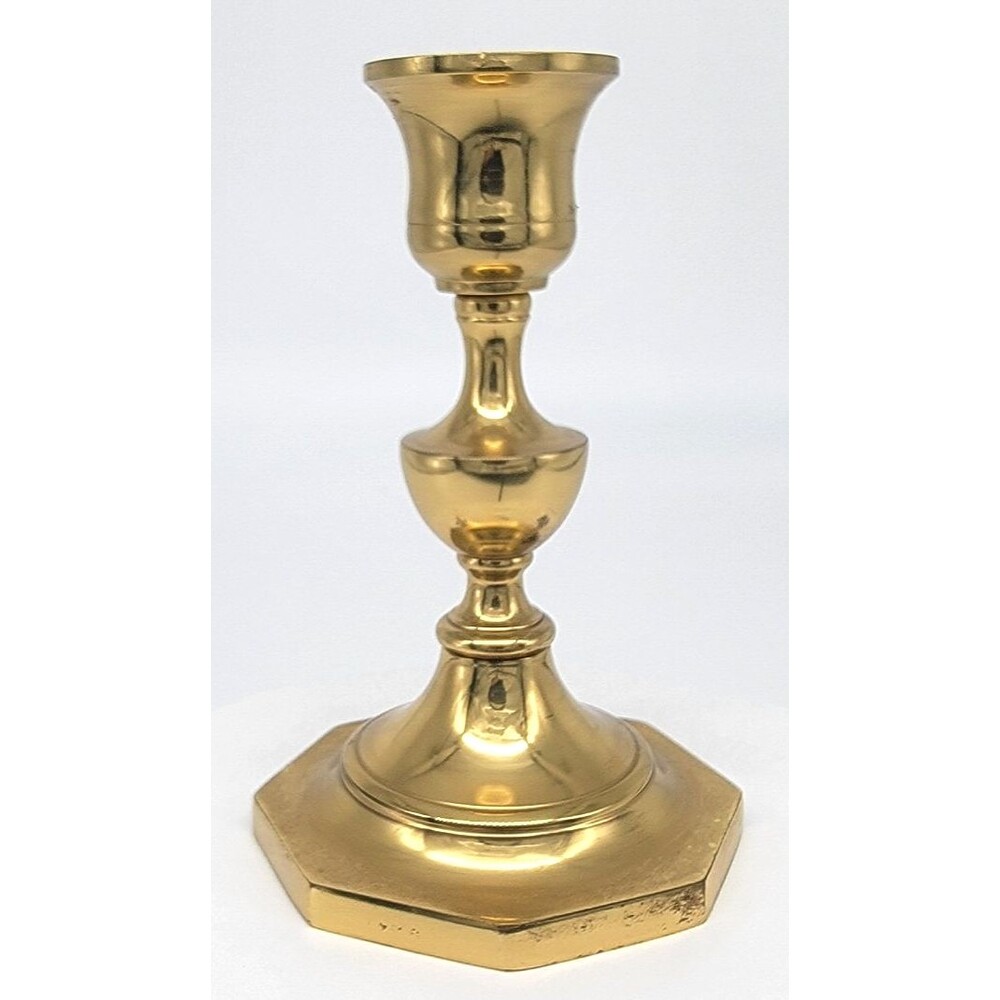 Gold Brass Candlestick Holder Stamped "G" Hexagon Base Traditional Decor Vintage